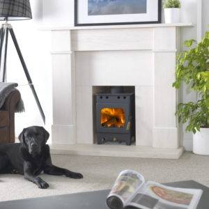 Fireball Springdale small burner in black in solid marble fireplace
