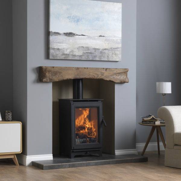 Icarus 5 in wooden mantle fireplace in black
