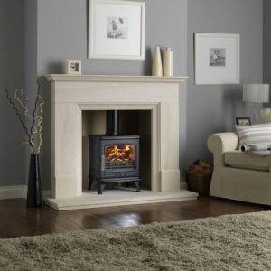 Oakdale lit wood burner in marble effect fireplace